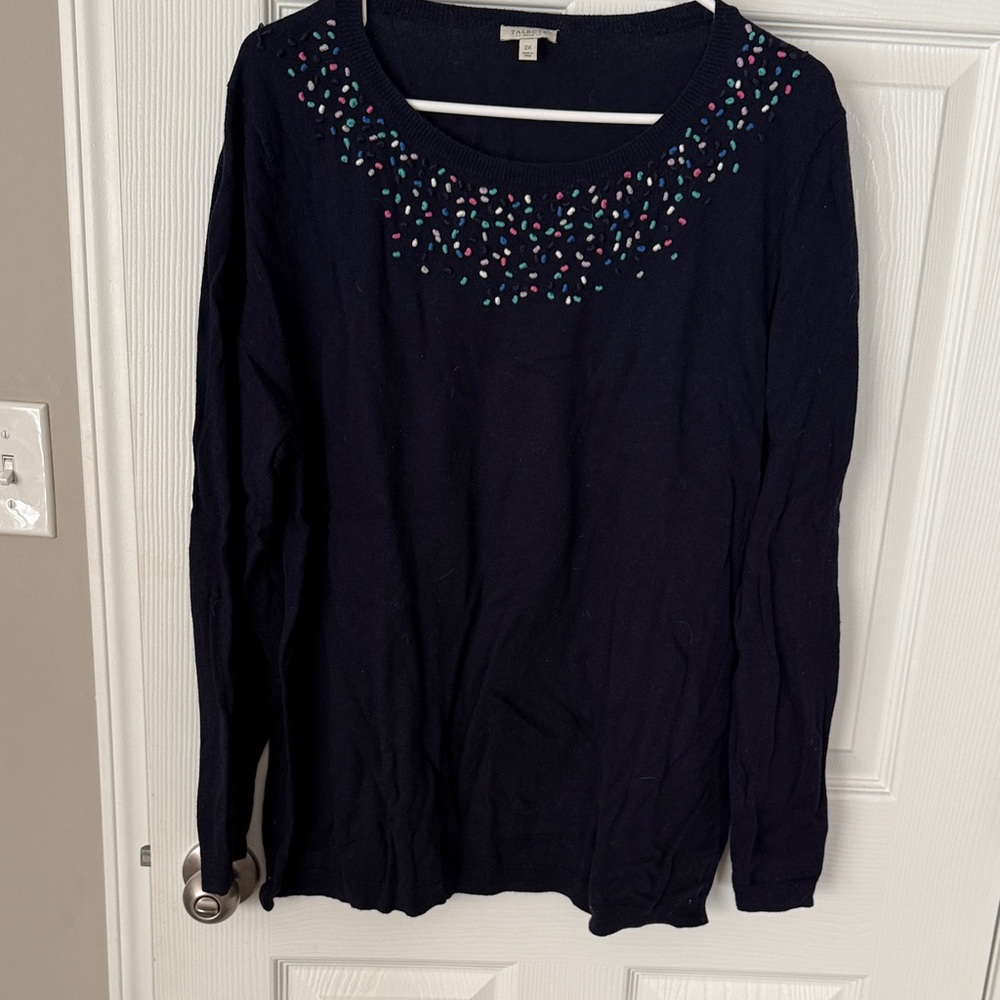 Talbots Navy Long Sleeve Top with Colorful Embellishments